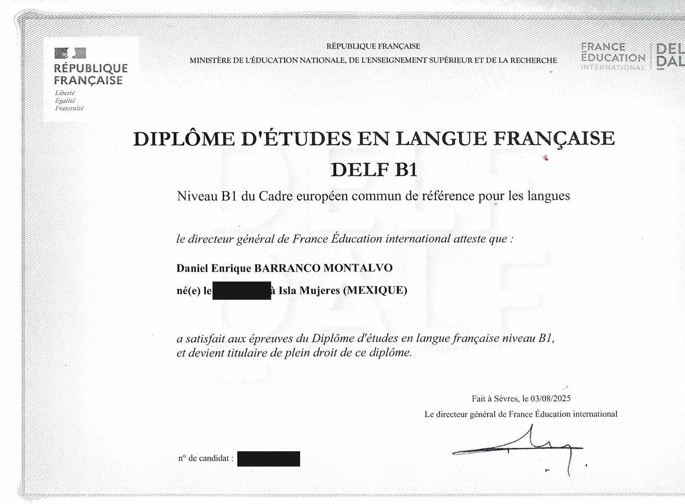 Diplôme d'études en langue française DELF B1, France Éducation international